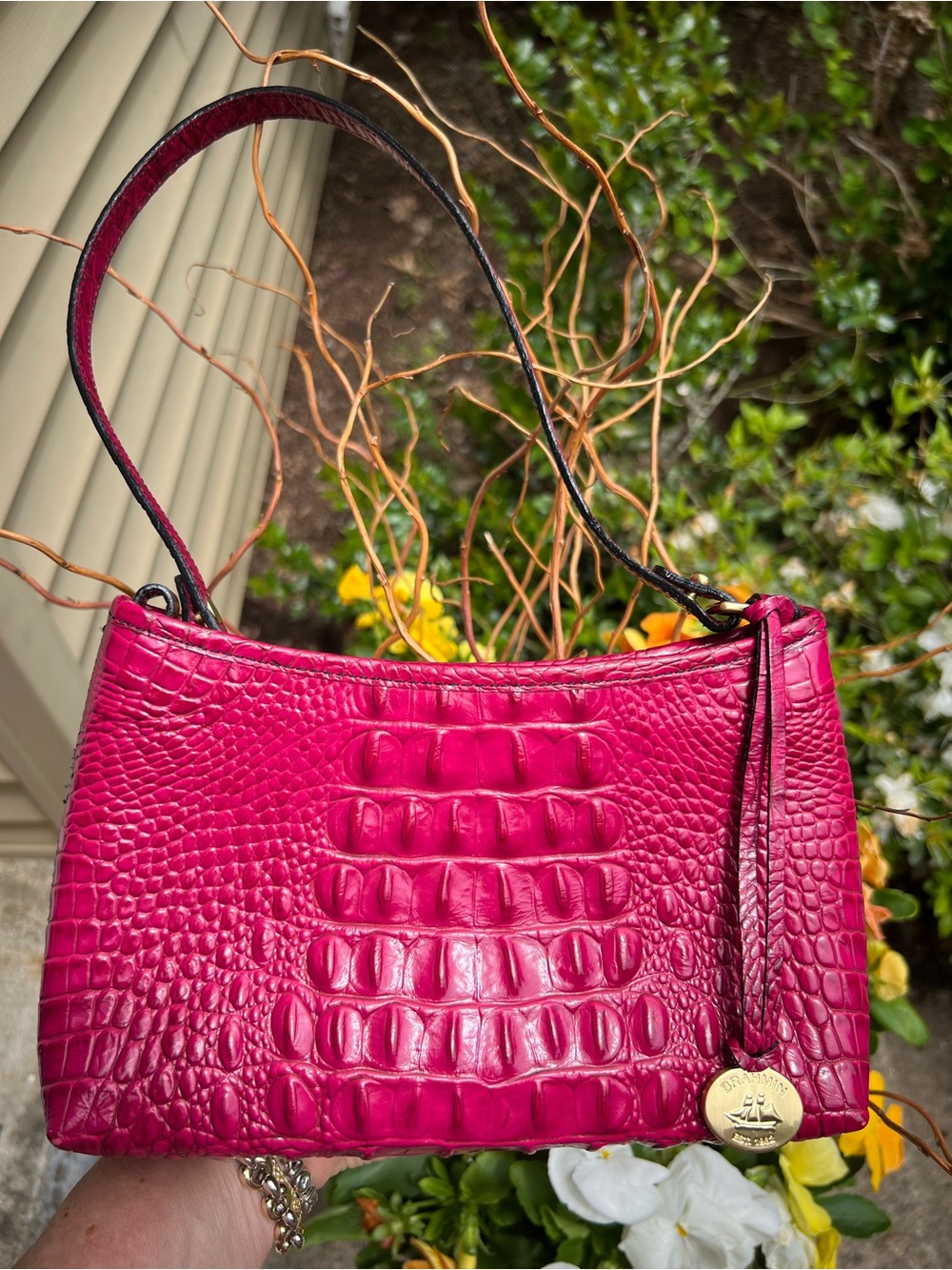 Brahmin Croc-Embossed Shoulder Bag in Fuchsia